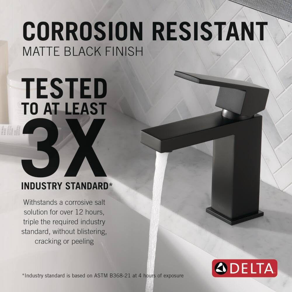 Delta Modern Matte Black faucet with deck plate for seamless 4-inch installation.