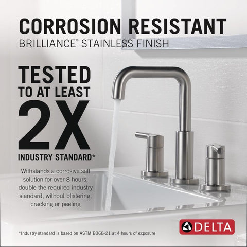 Delta Nicoli brushed nickel 3-hole widespread installation for versatile vanity configurations.