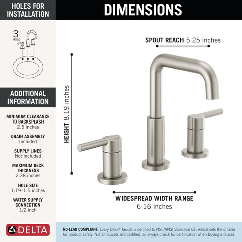 Delta Nicoli brushed nickel corrosion-resistant finish resists wear and color change.