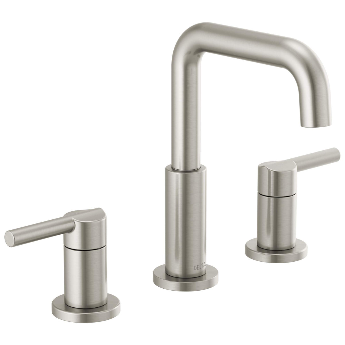 Delta Nicoli brushed nickel faucet assembly highlights easy installation and flawless finish.
