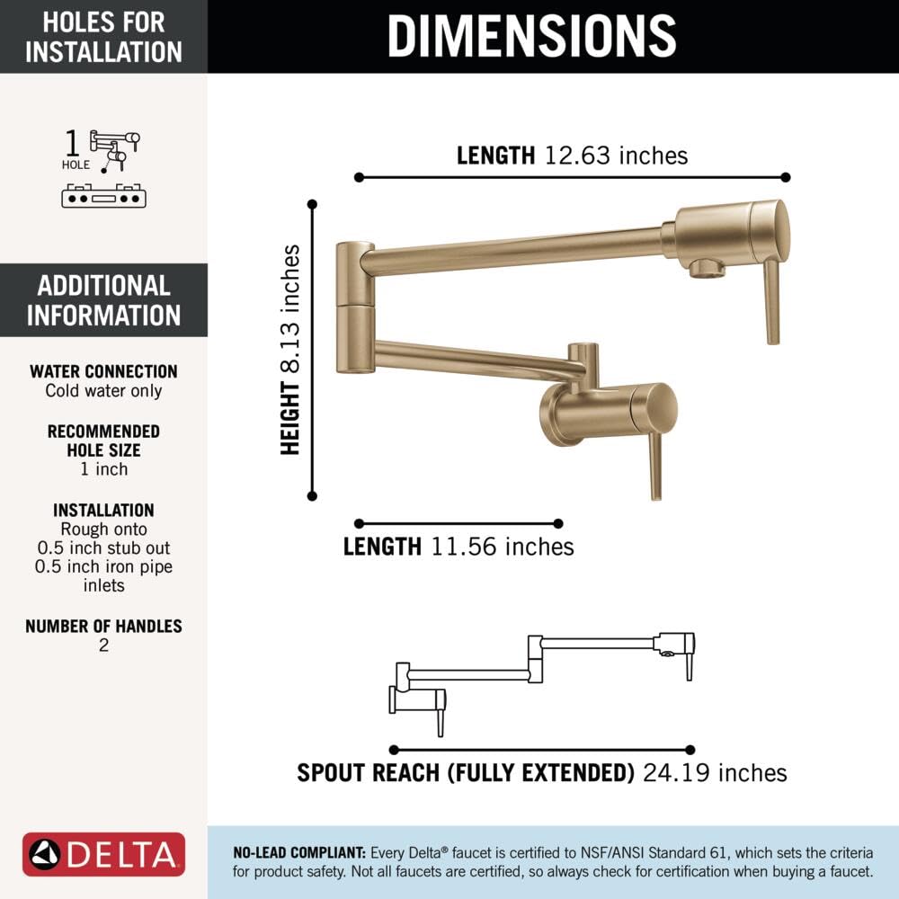 Delta pot filler with ceramic disc valve ensures durable, smooth operation.