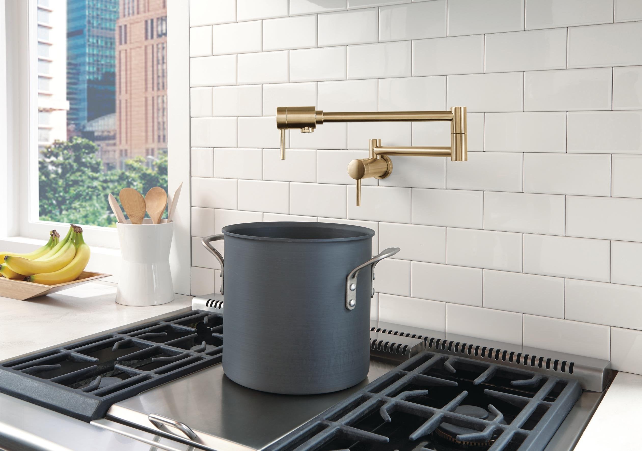 Delta pot filler includes a lifetime warranty for lasting kitchen performance.