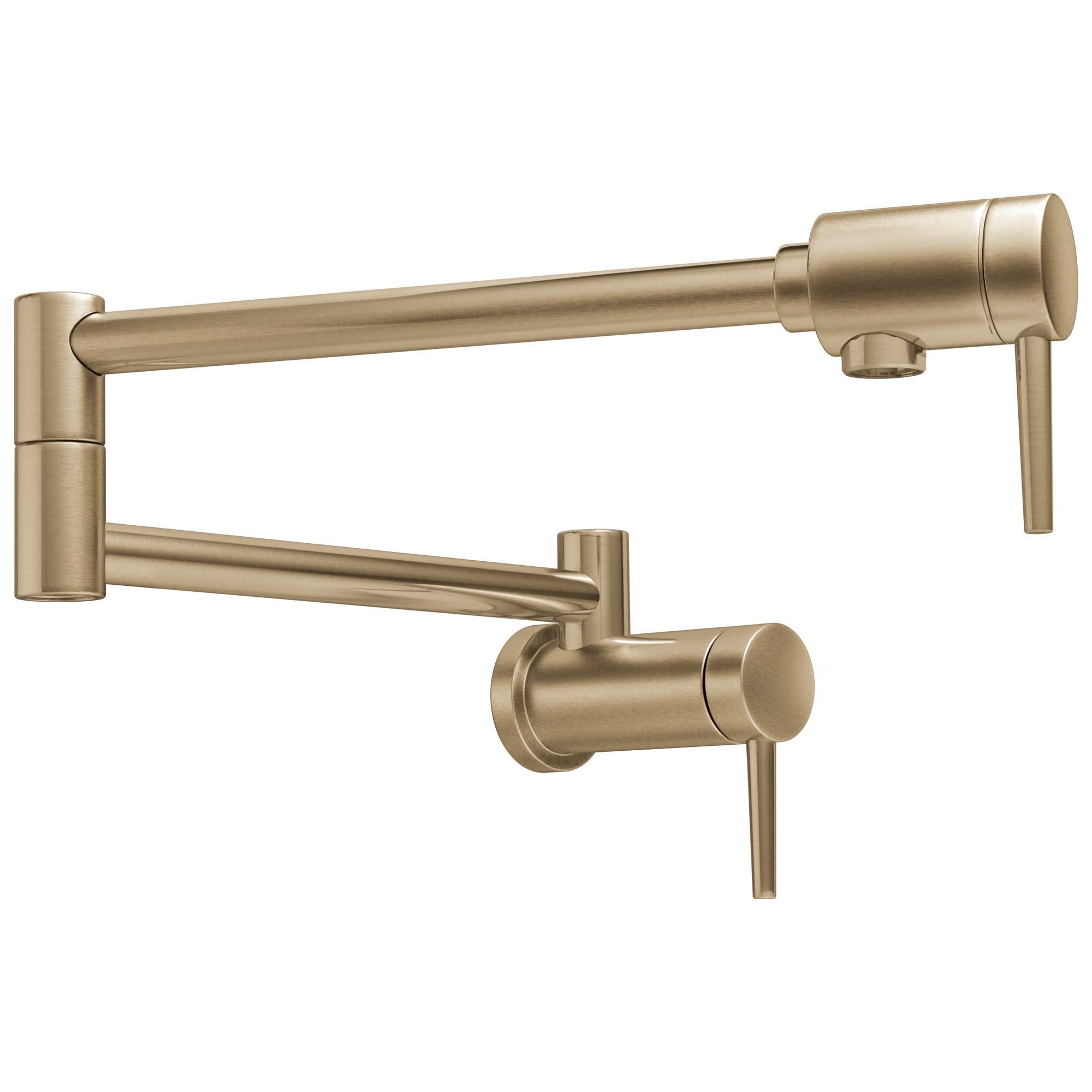 Delta pot filler wall mount with brushed gold finish for easy large-pot filling.