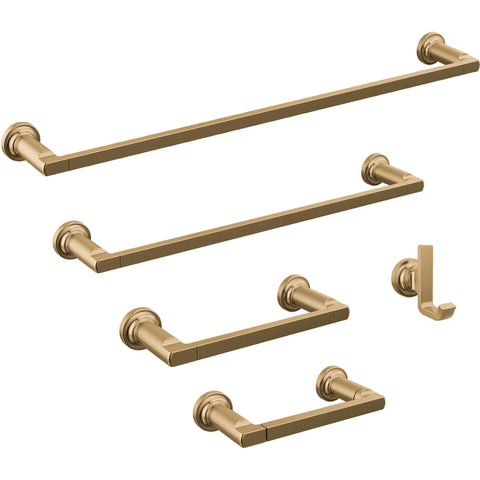 Delta Tetra double-hook in champagne bronze provides compact towel organization