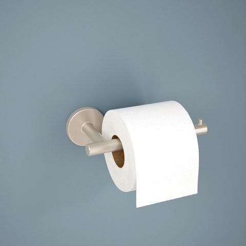 Delta Trinsic single-post toilet paper holder in stainless steel, wall mount design.