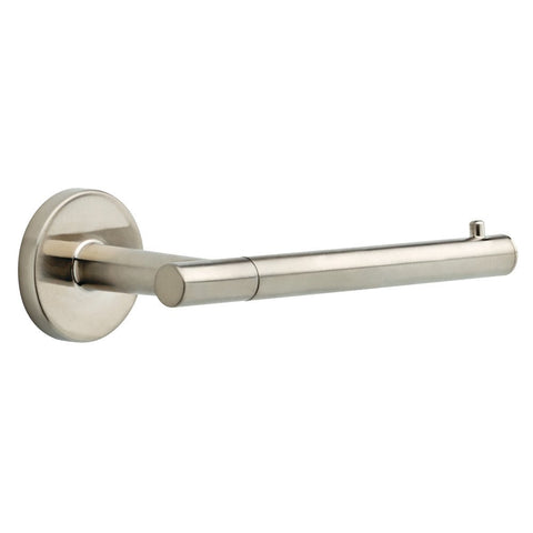 Delta Trinsic toilet paper holder in brushed stainless steel, wall-mounted for a clean, space-saving bathroom.