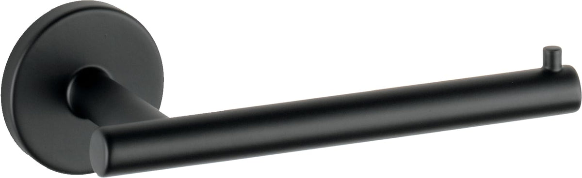 Delta Trinsic matte black toilet paper holder wall-mounted for clutter-free bathrooms.