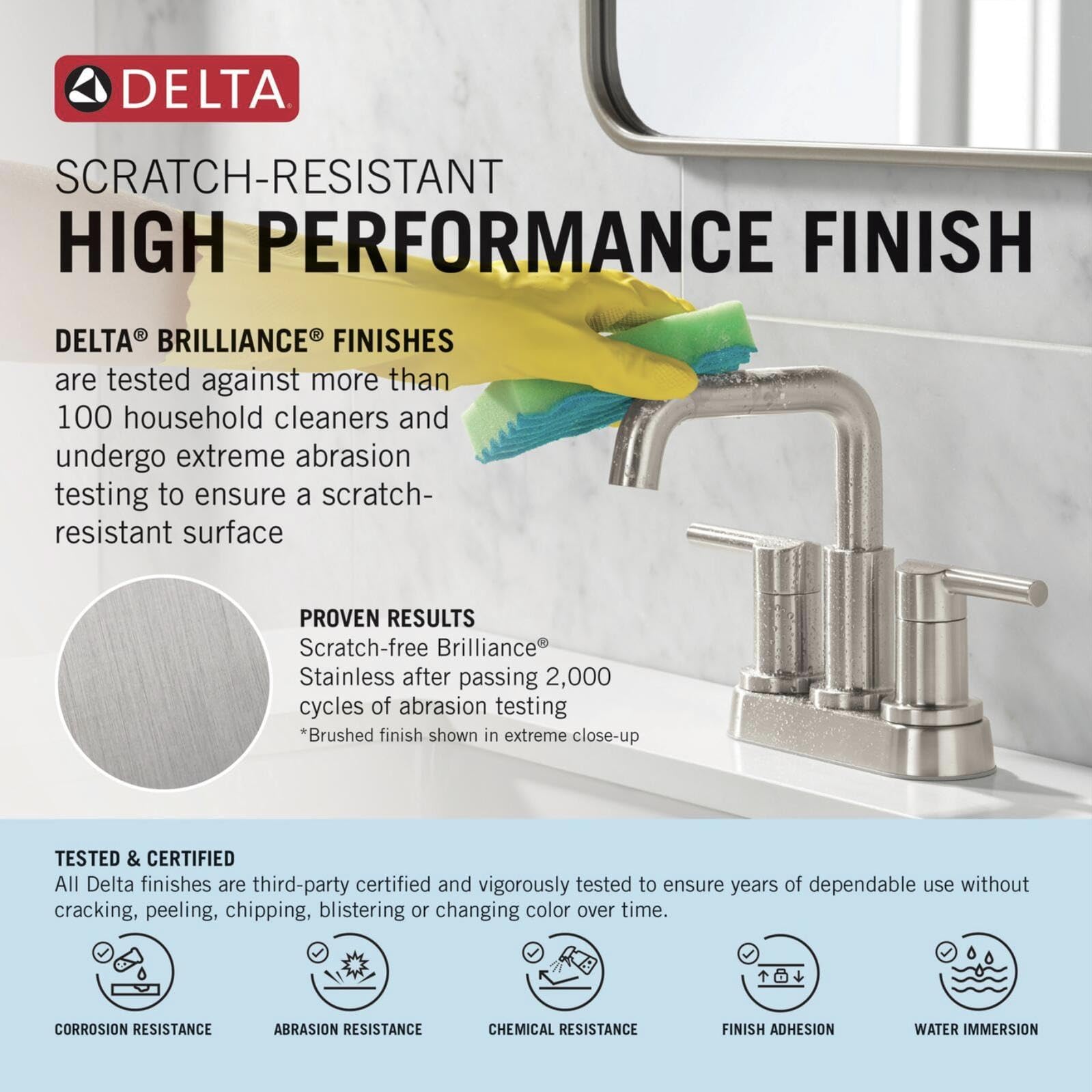 Delta Trinsic 360-degree swiveling spout for flexible tub filling.