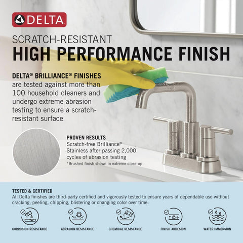 Delta Trinsic 360-degree swiveling spout for flexible tub filling.