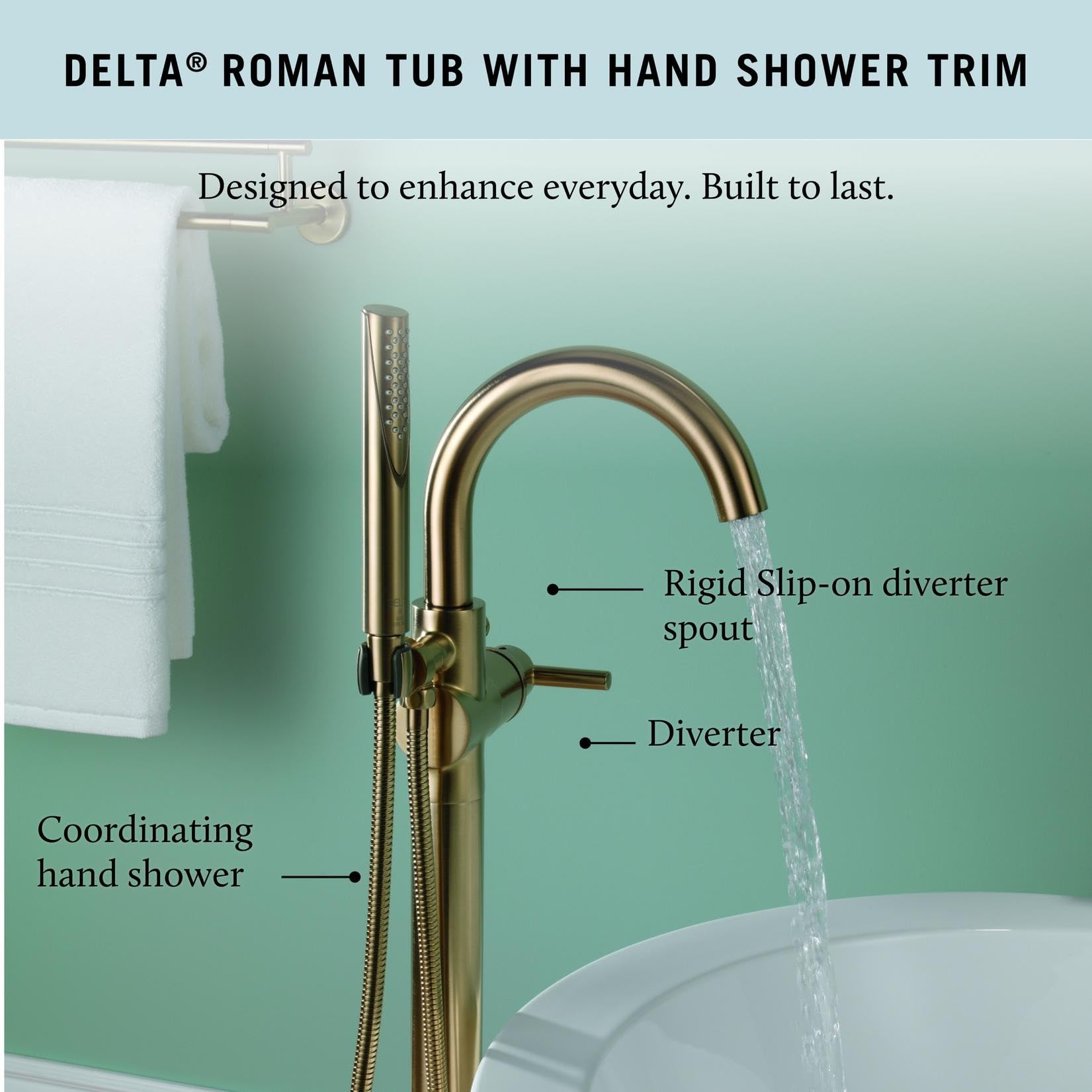 Delta Trinsic floor-mount tub filler shown with pivoting arm for flexible reach.