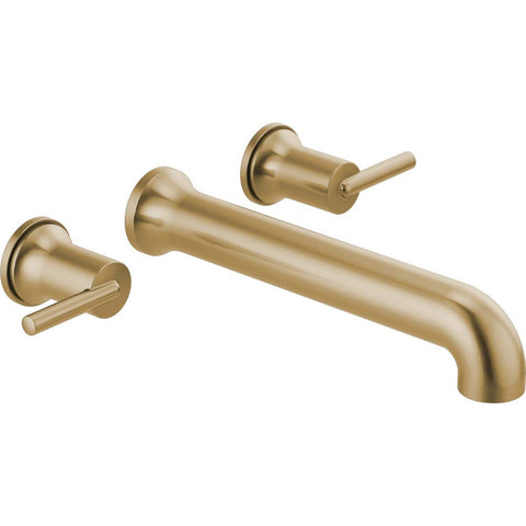 Delta wall-mount tub faucet in brushed gold with red/blue indicators for simple hot and cold mixing.