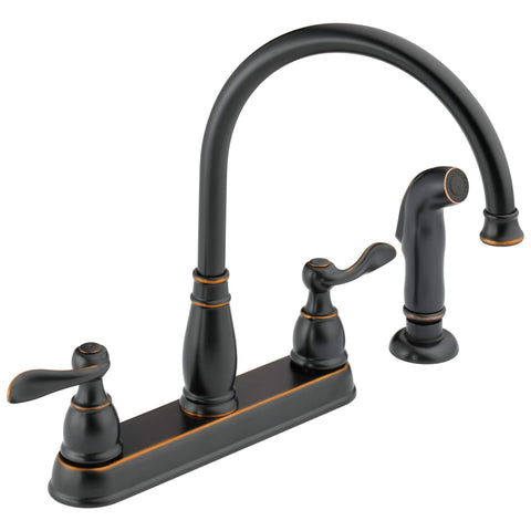 Delta Windemere oil rubbed bronze faucet full view enhances kitchen style.