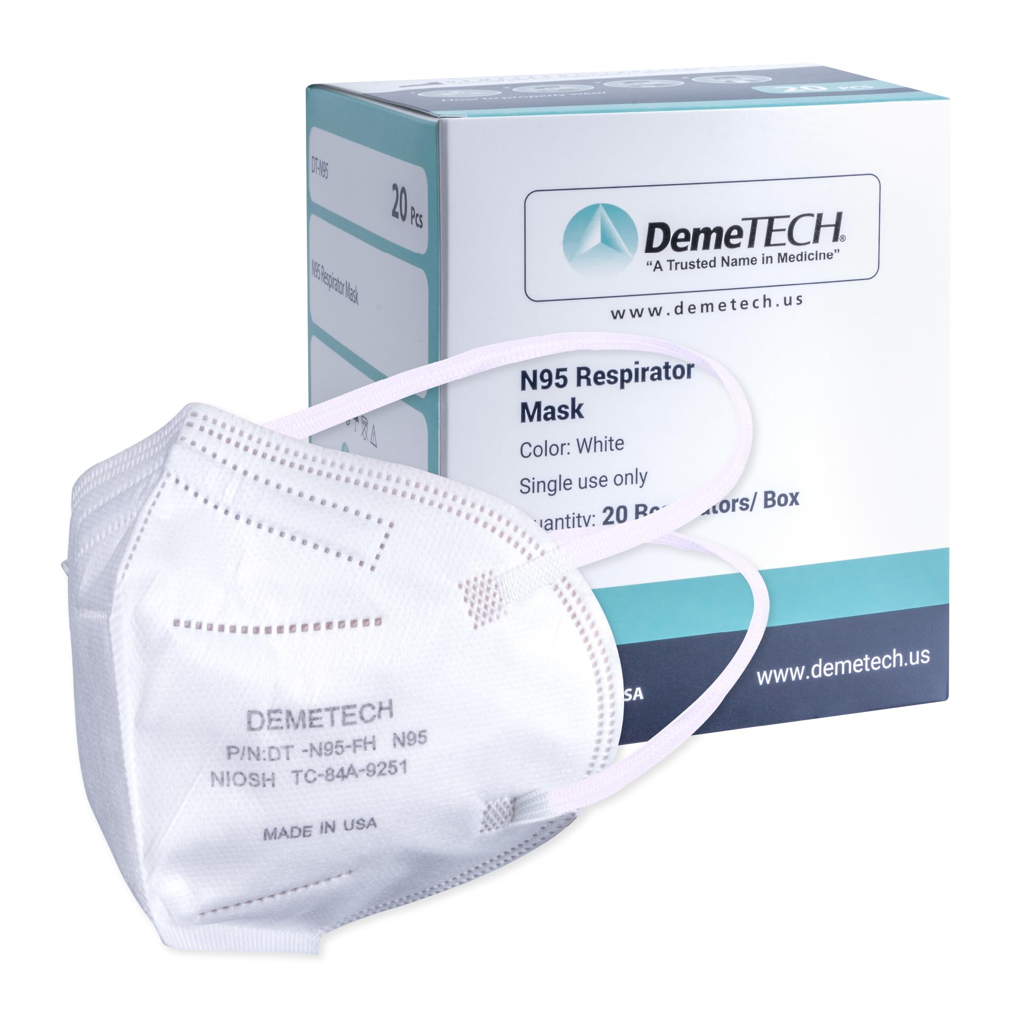 DEMETECH NIOSH N95 front-fold respirator with headbands for secure daily wear.