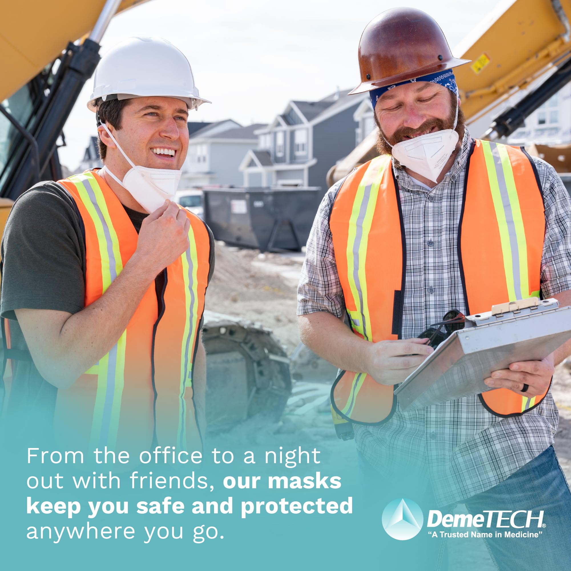 DEMETECH fold-style respirator with headbands ready for secure wear.
