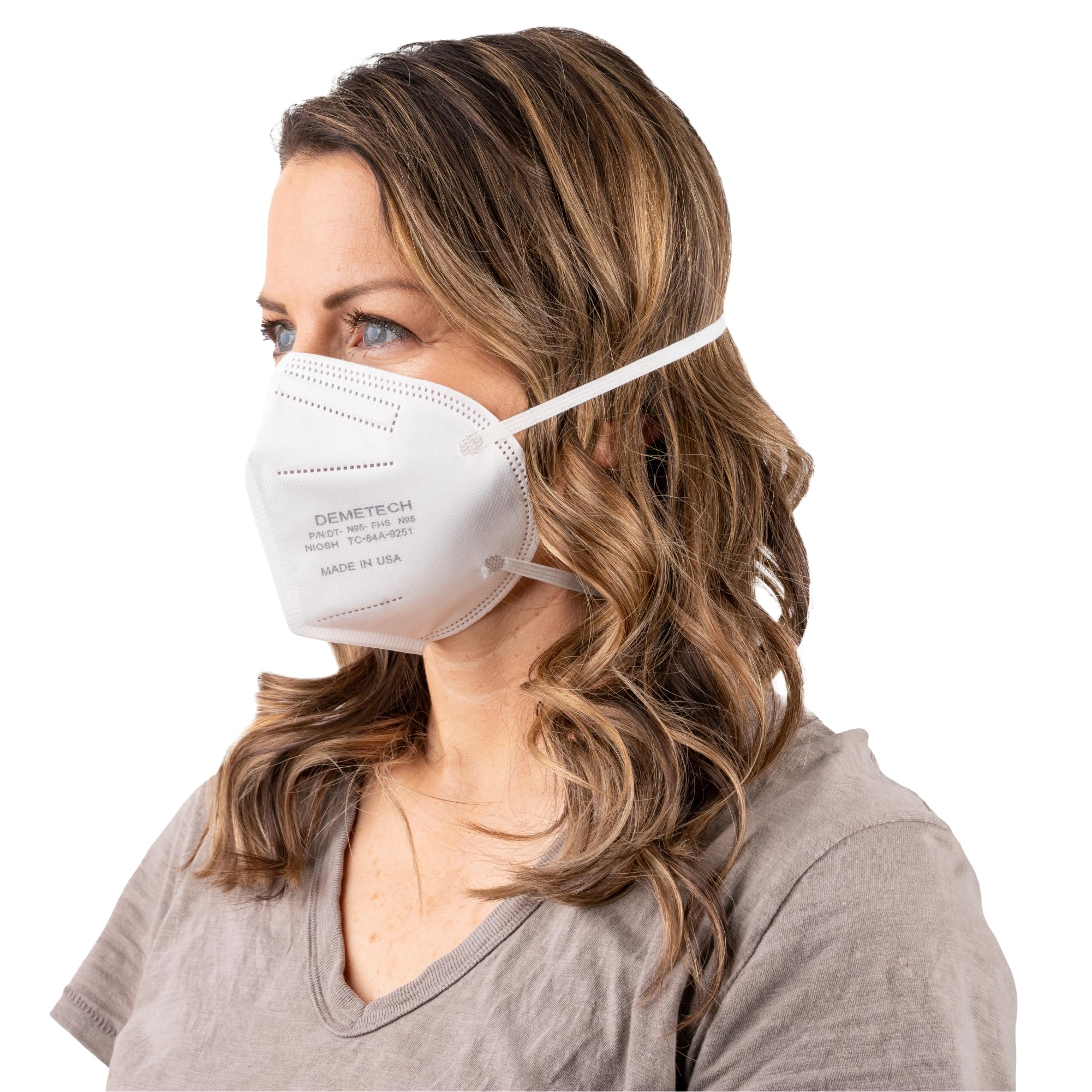 DEMETECH N95 side-fold mask shows attached headbands for comfortable fit.
