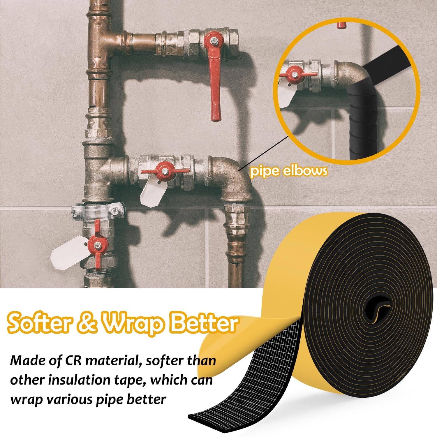 DEMEDO flexible foam insulation tape contouring around bends and elbows