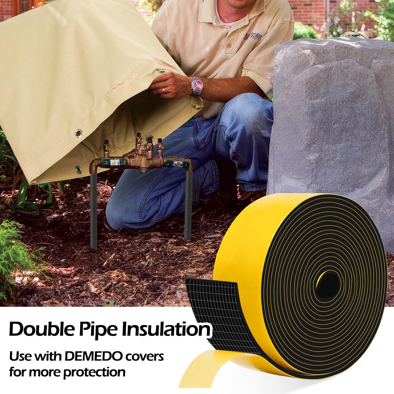 DEMEDO weather-resistant pipe insulation tape protects against snow and sun