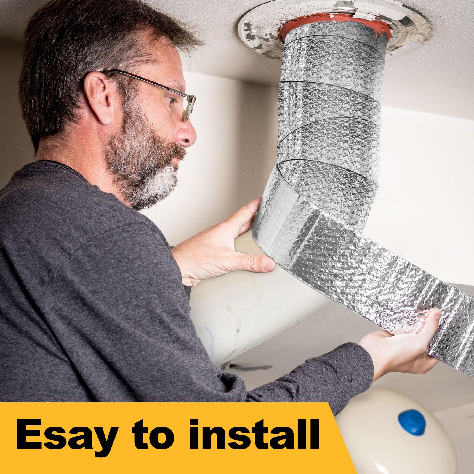 DEMEDO reflective foil insulation tape secured around an HVAC duct for durability.