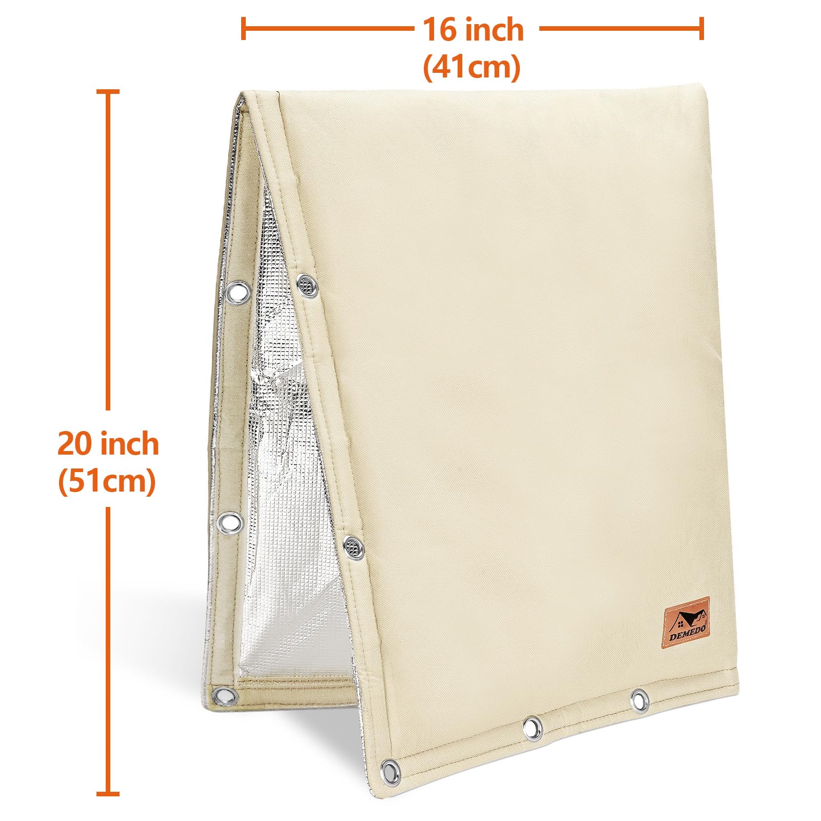 DEMEDO cover includes grommet and ties to resist wind.