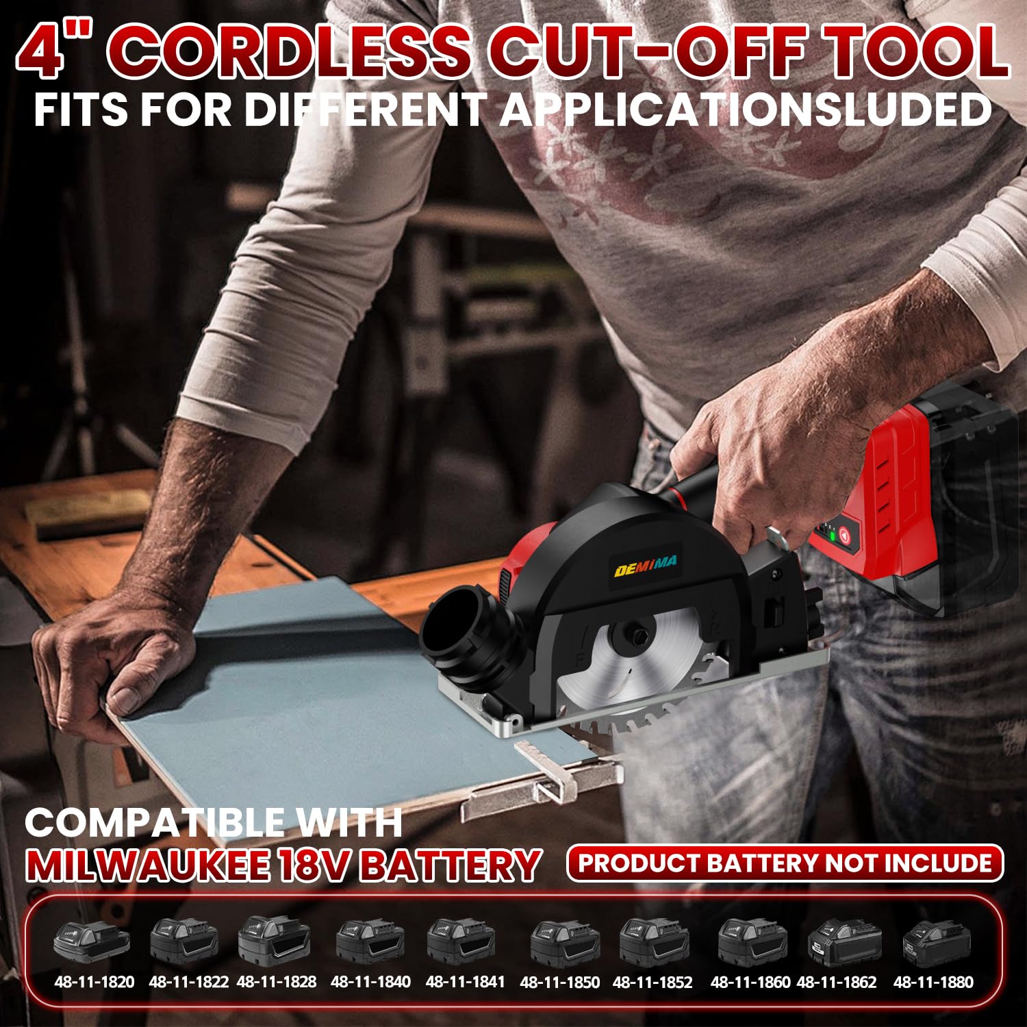 DEMIMA cordless cut-off tool with Milwaukee 18V battery connection for cordless power.