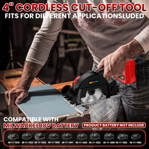 DEMIMA cordless cut-off tool with Milwaukee 18V battery connection for cordless power.