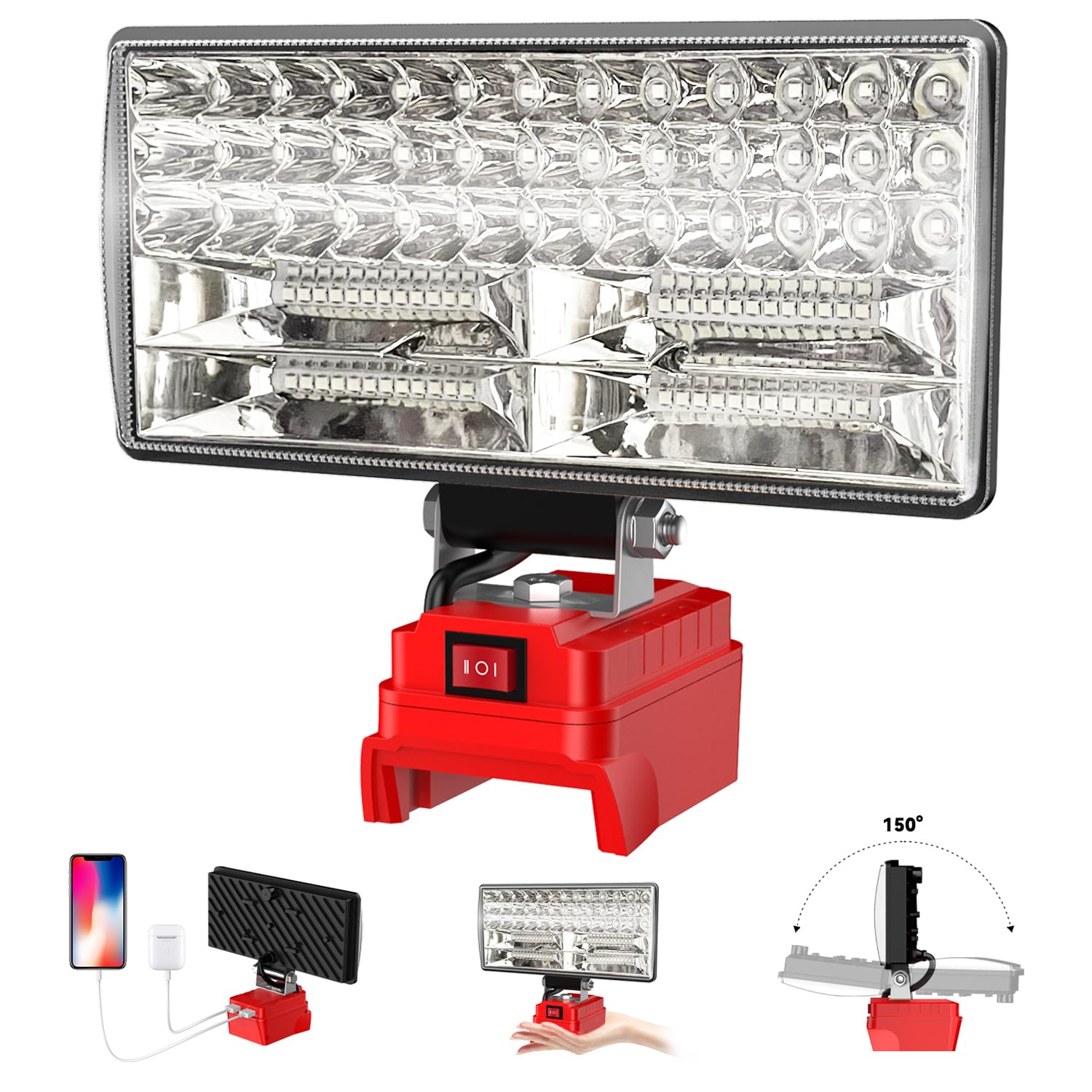 DEMIMA 8-inch cordless LED work light front view, Milwaukee M18 compatibility for versatile power.