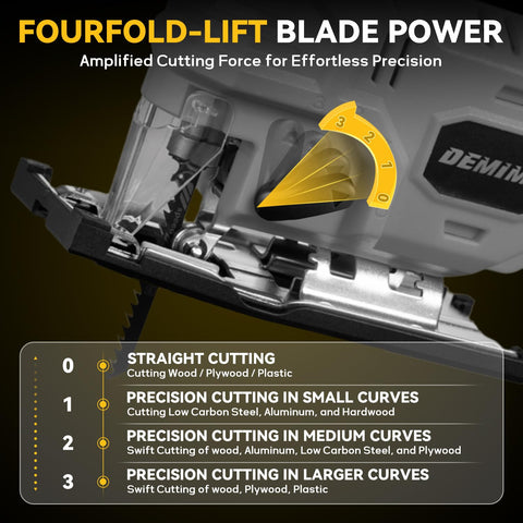 DEMIMA cordless jigsaw performing a 45-degree bevel cut for angled profiles