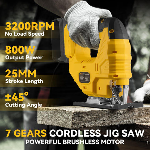 DEMIMA cordless jigsaw showing 800W brushless motor for strong, efficient cuts