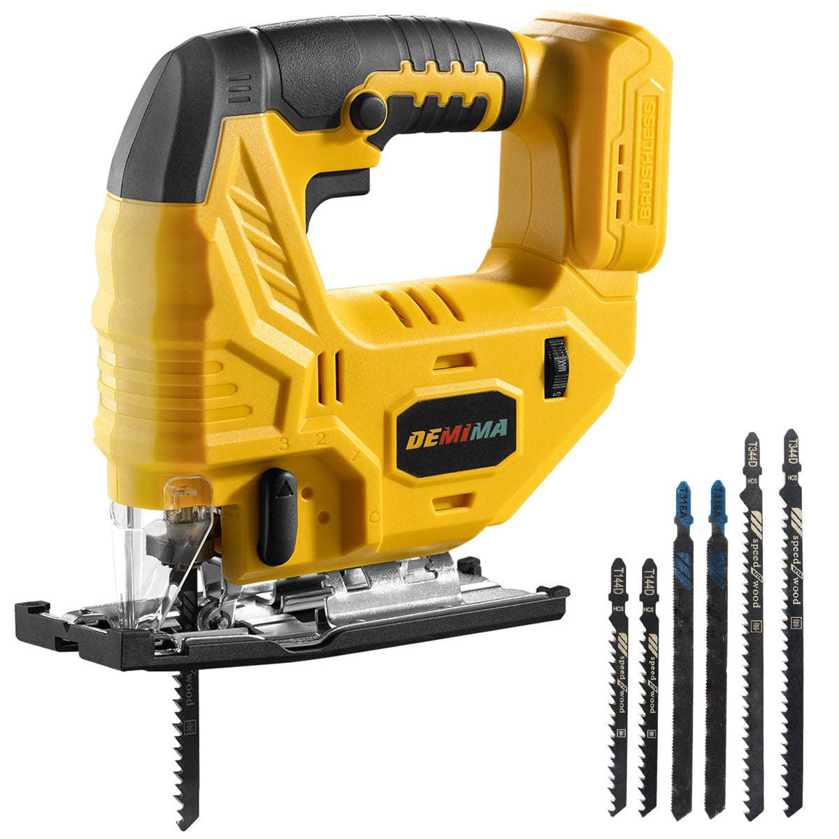 DEMIMA cordless jigsaw demonstrating DeWalt 20V compatibility for easy battery swaps