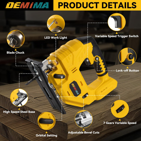 DEMIMA cordless jigsaw LED light and non-slip handle for precise control