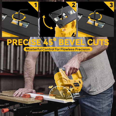 DEMIMA cordless jigsaw cutting wood, metal, and PVC with measured depths