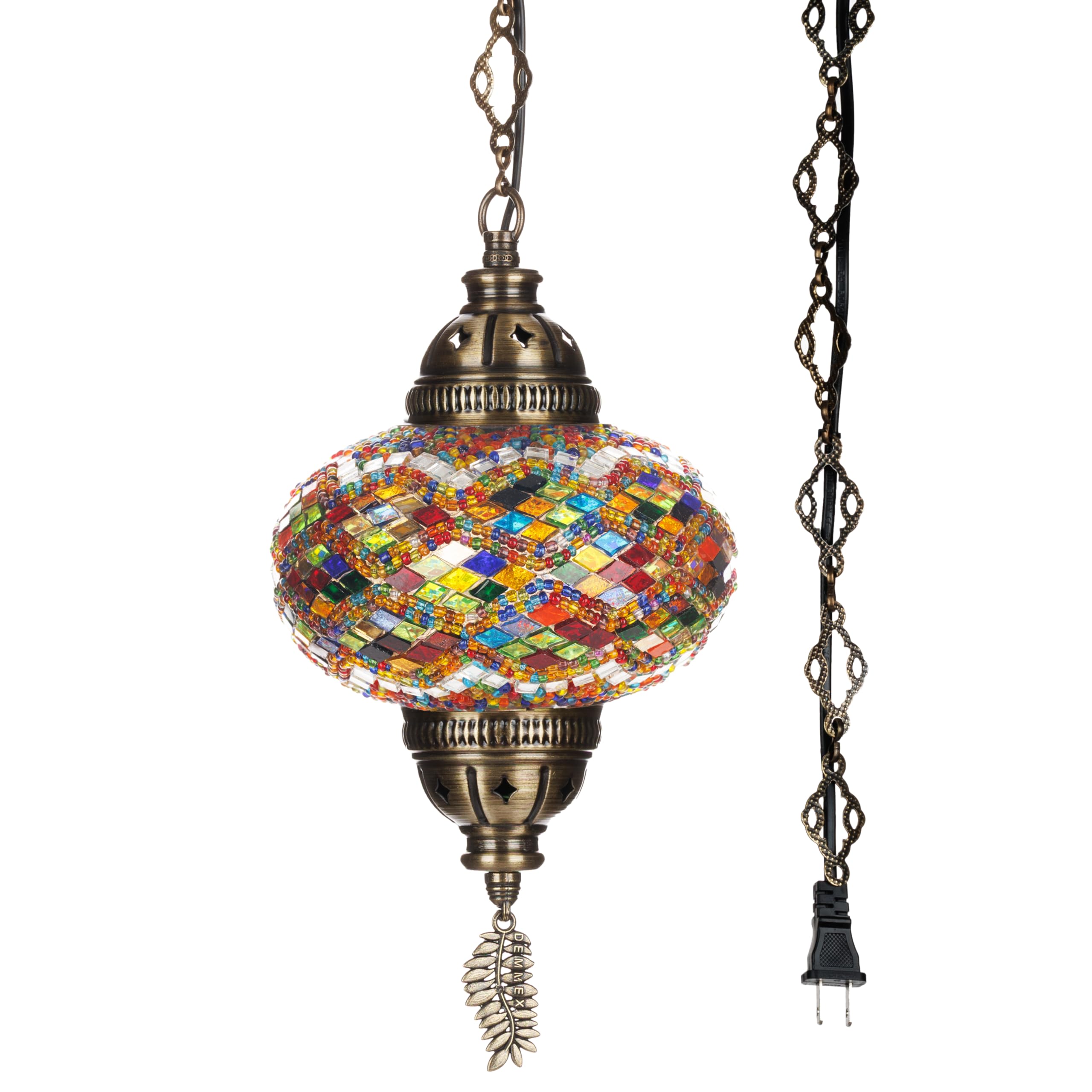 Close-up of hand-cut mosaic glass beads adding artisanal texture and color.