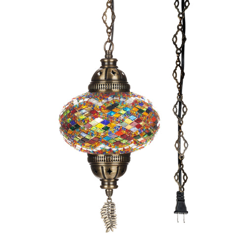 Close-up of hand-cut mosaic glass beads adding artisanal texture and color.