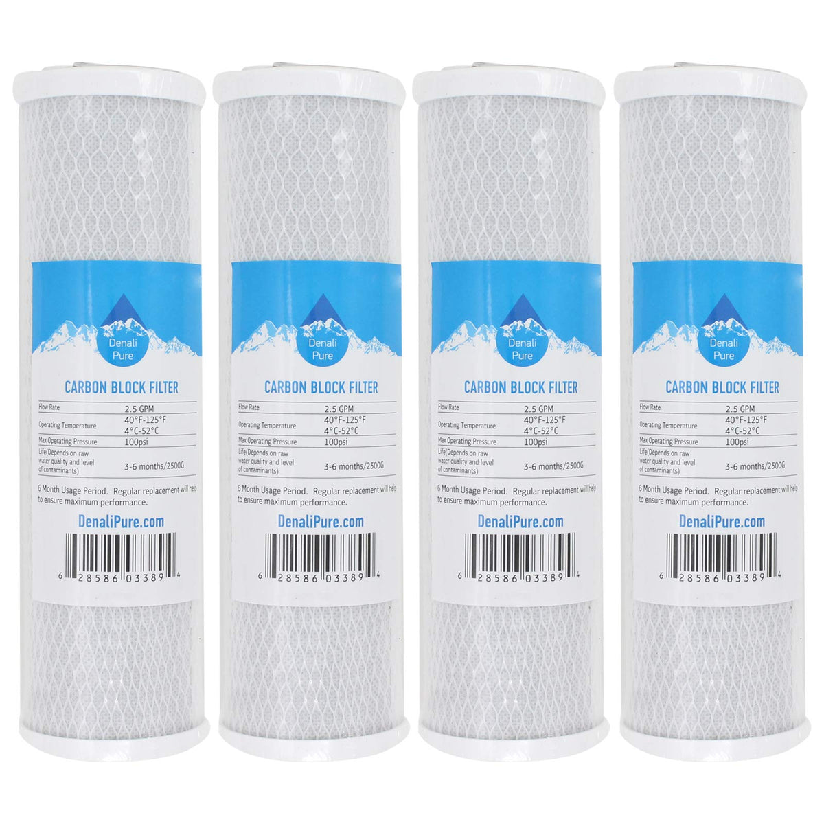 Denali Pure activated-carbon block filter 10-inch four-pack for better-tasting water.
