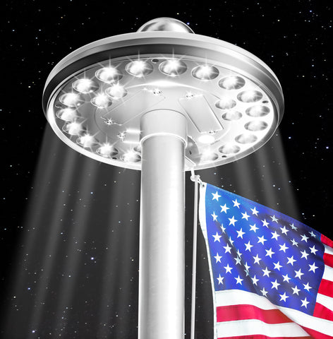 Deneve Deluxe flag pole light shining at 1300 lumens illuminating the flag