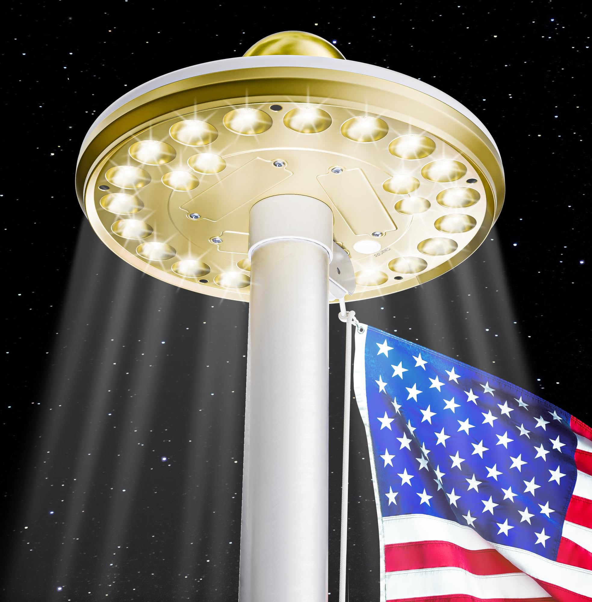 Deneve Deluxe Solar Flagpole Lamp front view brightens the flag at night