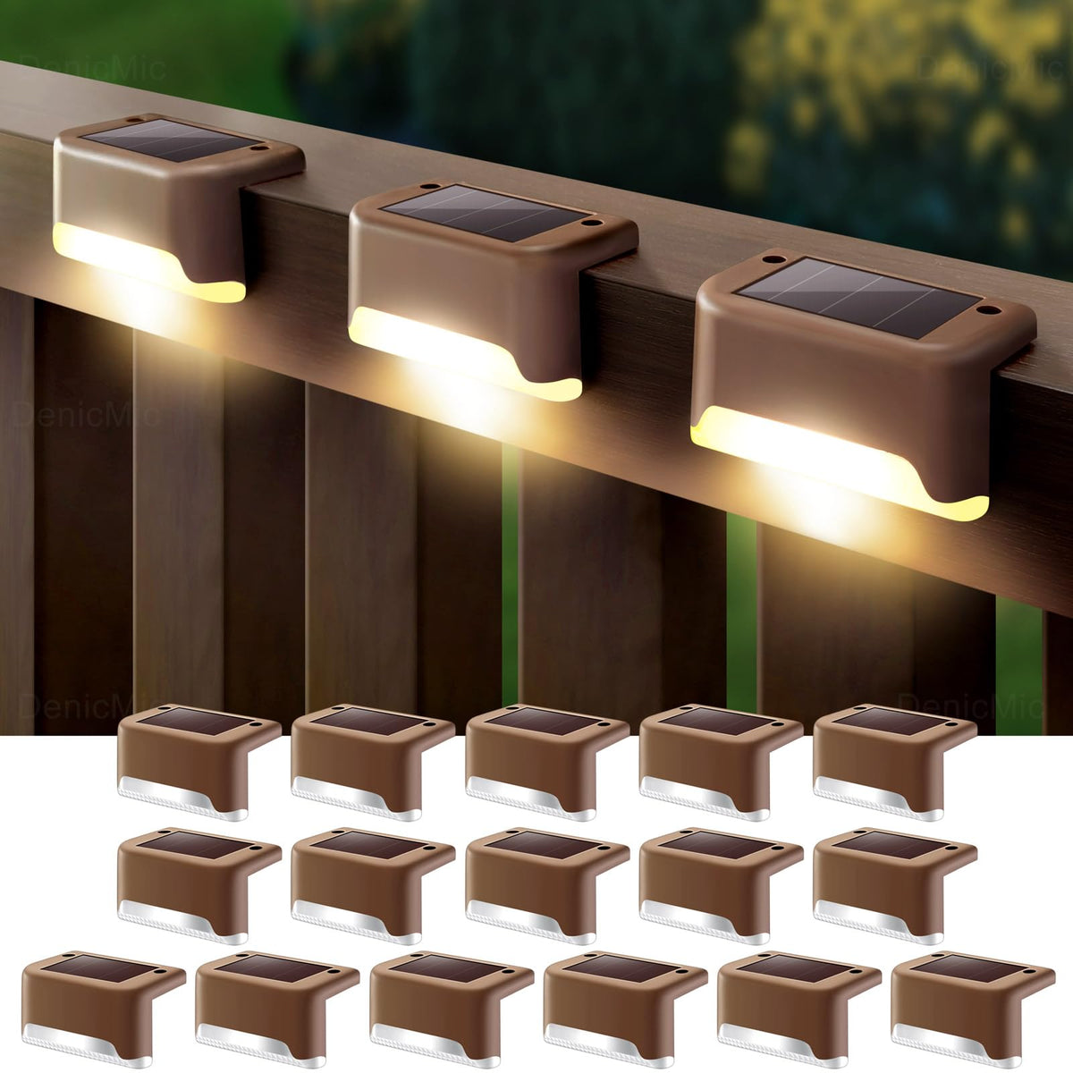 DenicMic solar deck lights on a deck provide warm, safe night illumination