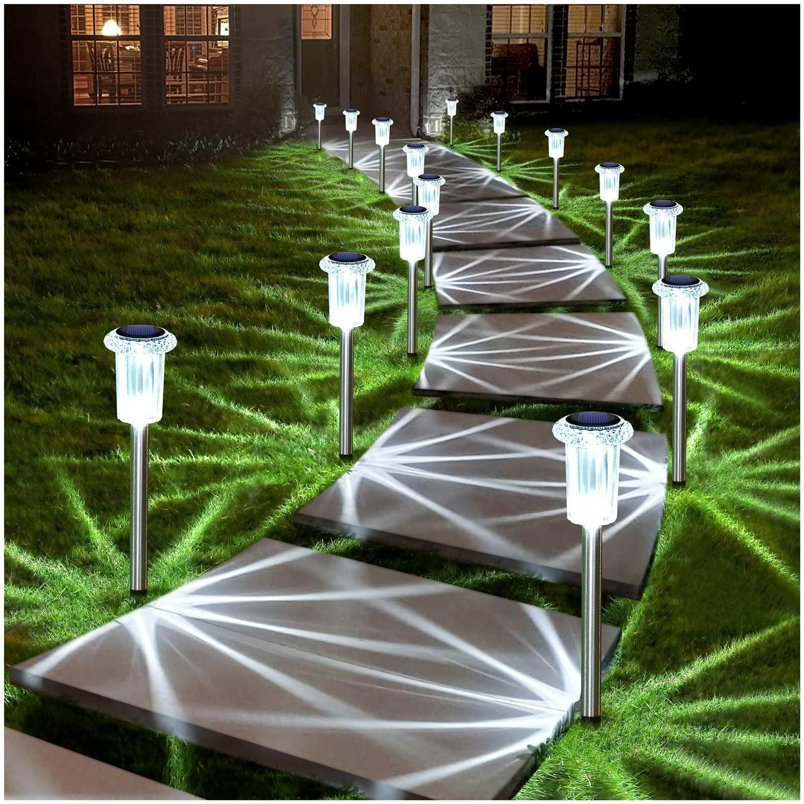 DenicMic solar outdoor lights 10-pack illuminate garden paths with cool white glow.