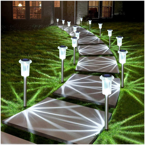 DenicMic solar outdoor lights 10-pack illuminate garden paths with cool white glow.