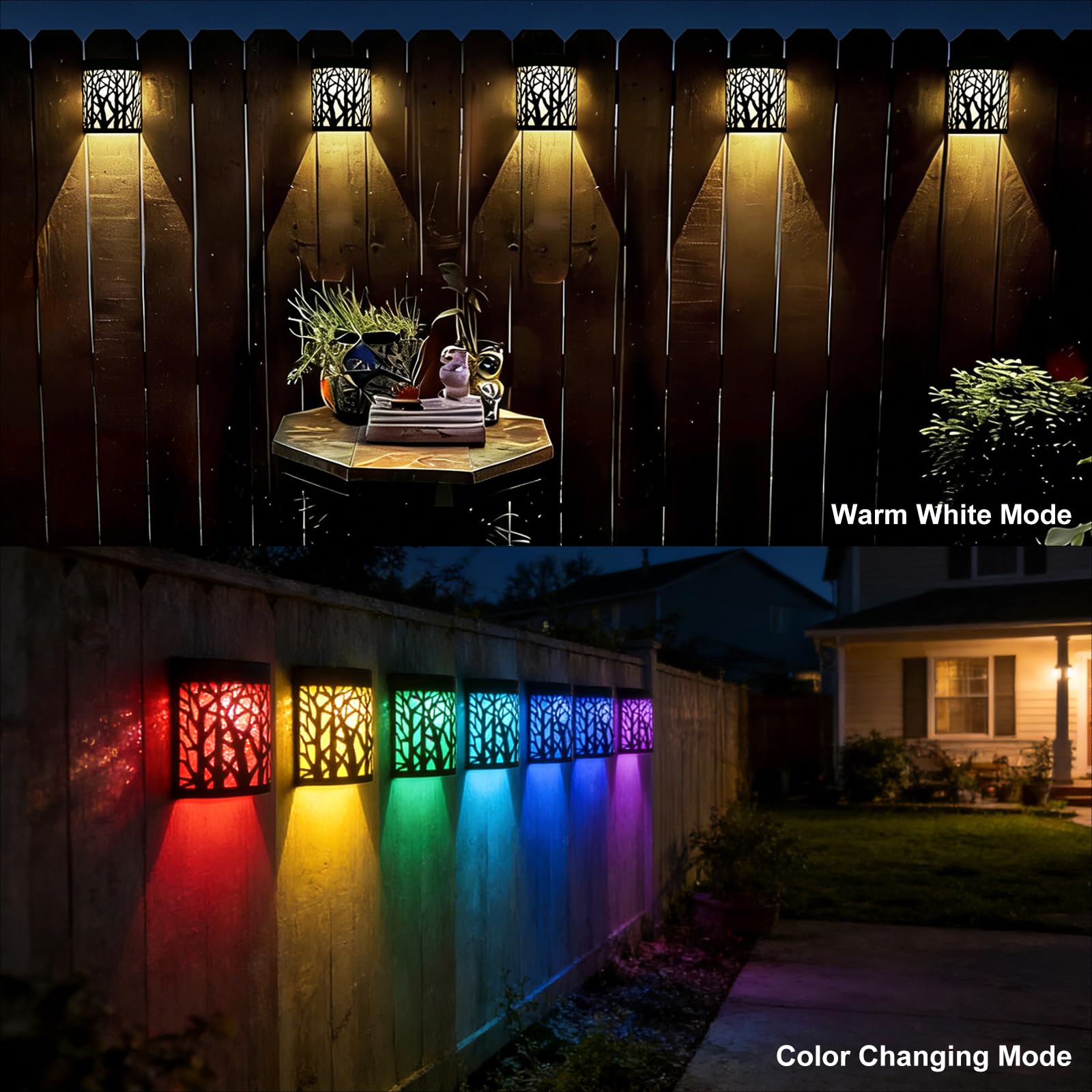 DenicMic solar wall lights fence pattern highlights architectural details at dusk.