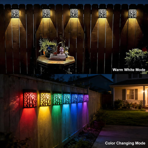 DenicMic solar wall lights fence pattern highlights architectural details at dusk.