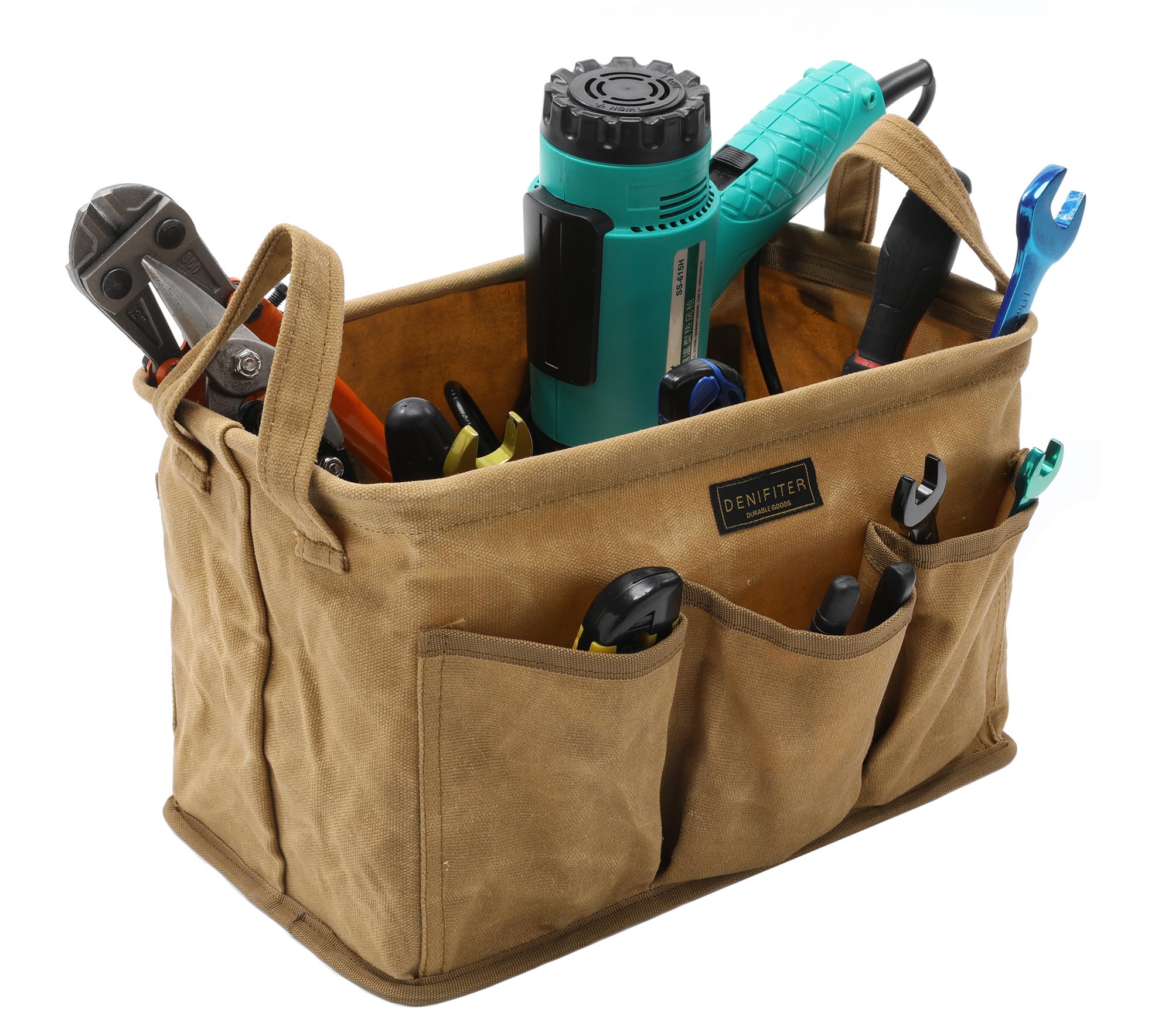 Denifiter large main compartment holds wrenches, pliers, and other essentials.