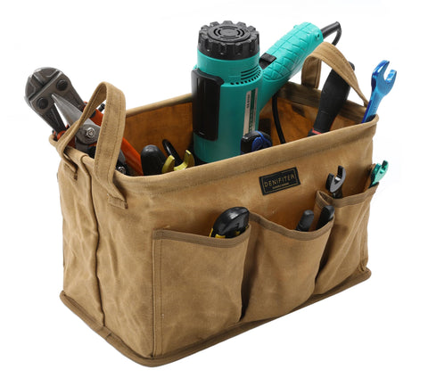 Denifiter large main compartment holds wrenches, pliers, and other essentials.