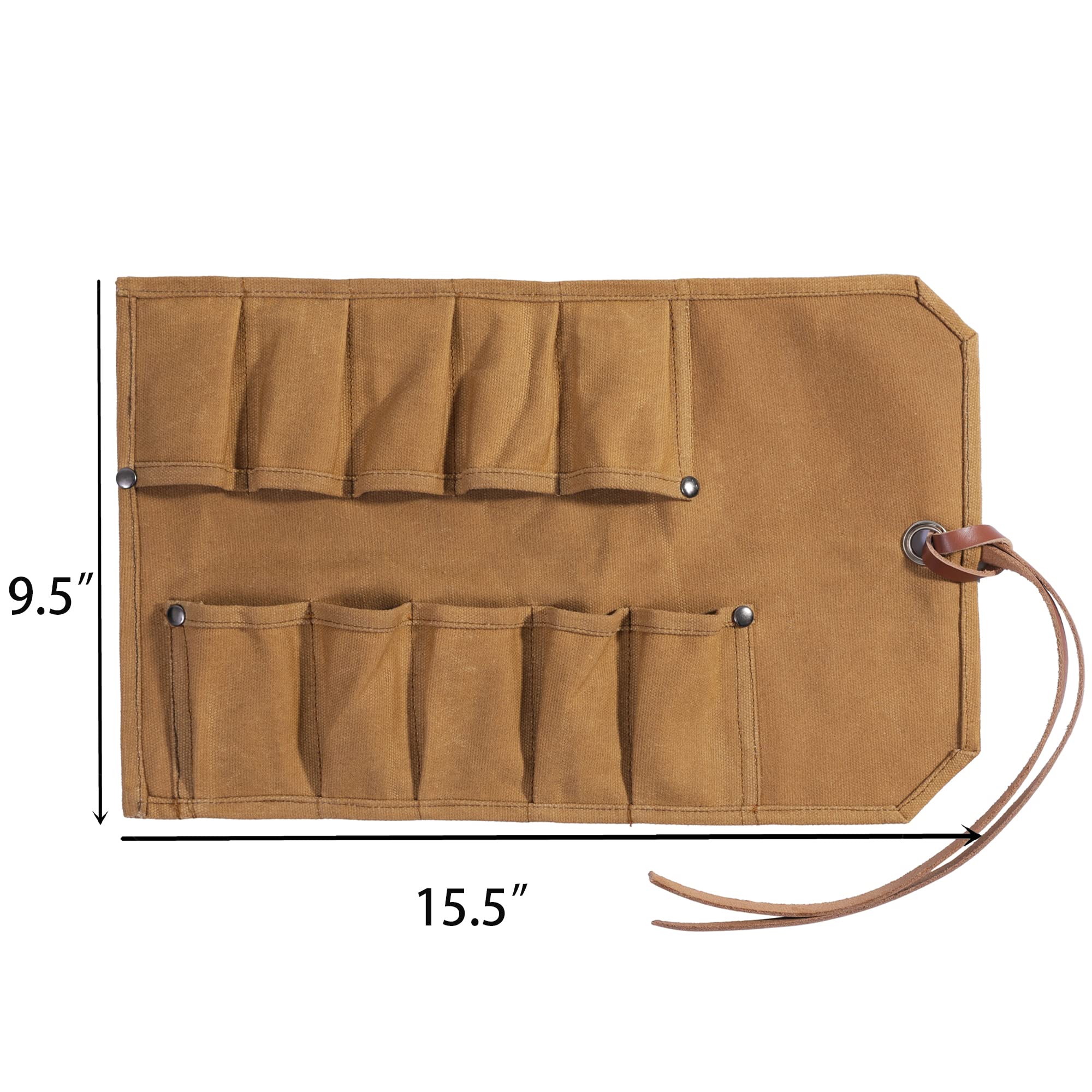 Denifiter Tool Roll pocket layout highlights 10 slots for organized chisels and gouges.