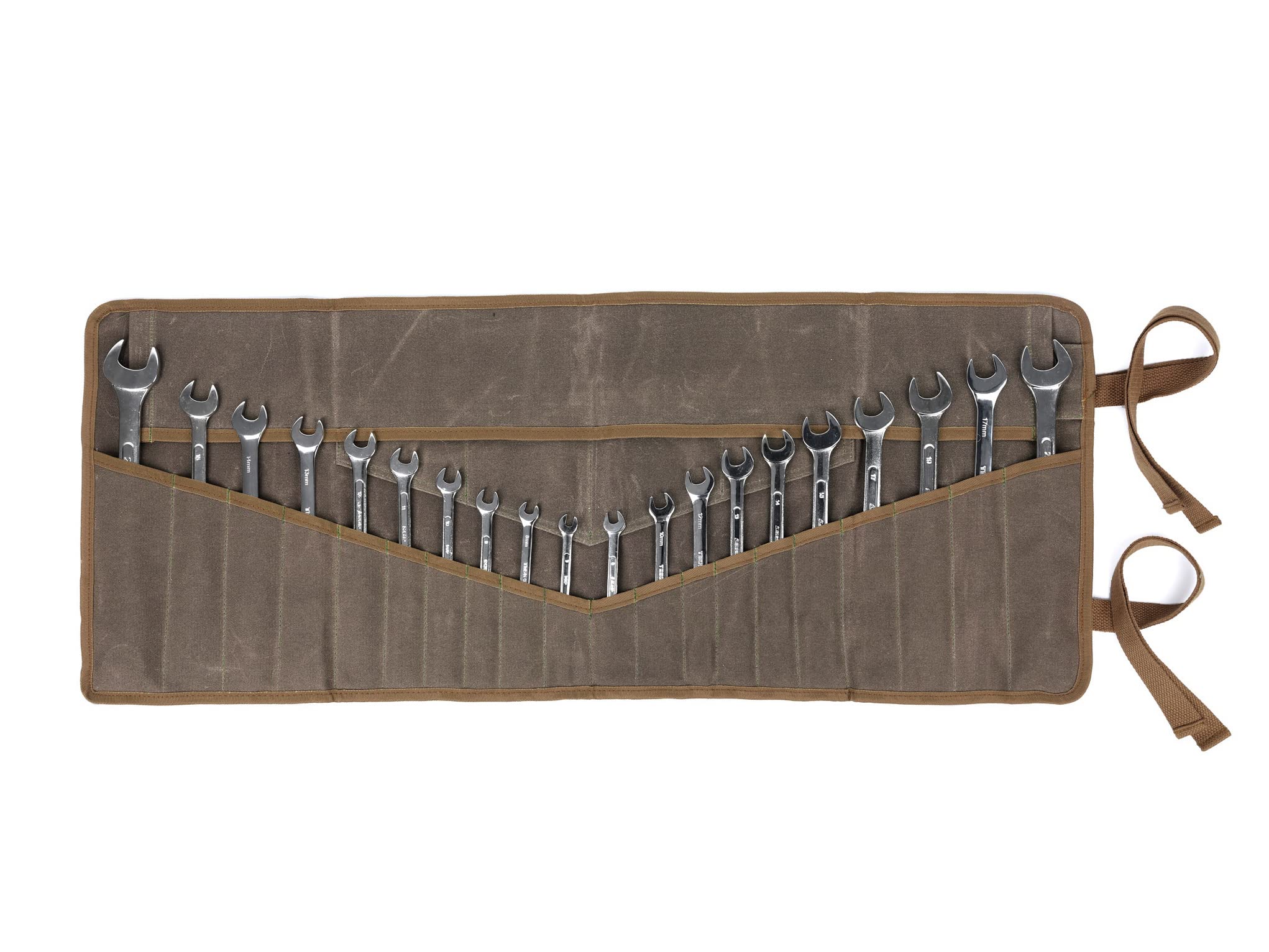 Denifiter wrench roll up pouch in rugged waxed canvas for secure tool transport.