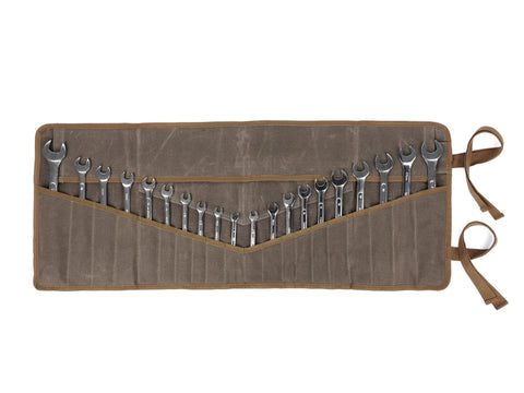 Denifiter wrench roll up pouch in rugged waxed canvas for secure tool transport.