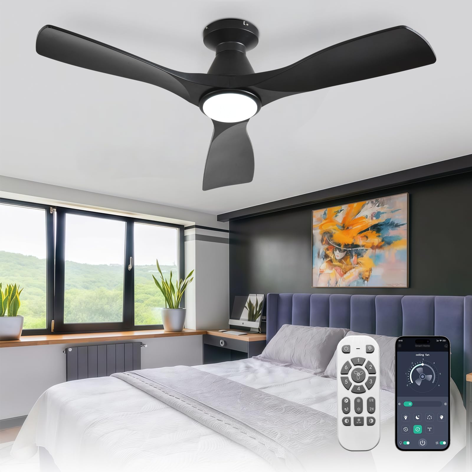 Depuley 42-inch black ceiling fan with light in bedroom for cool nights.
