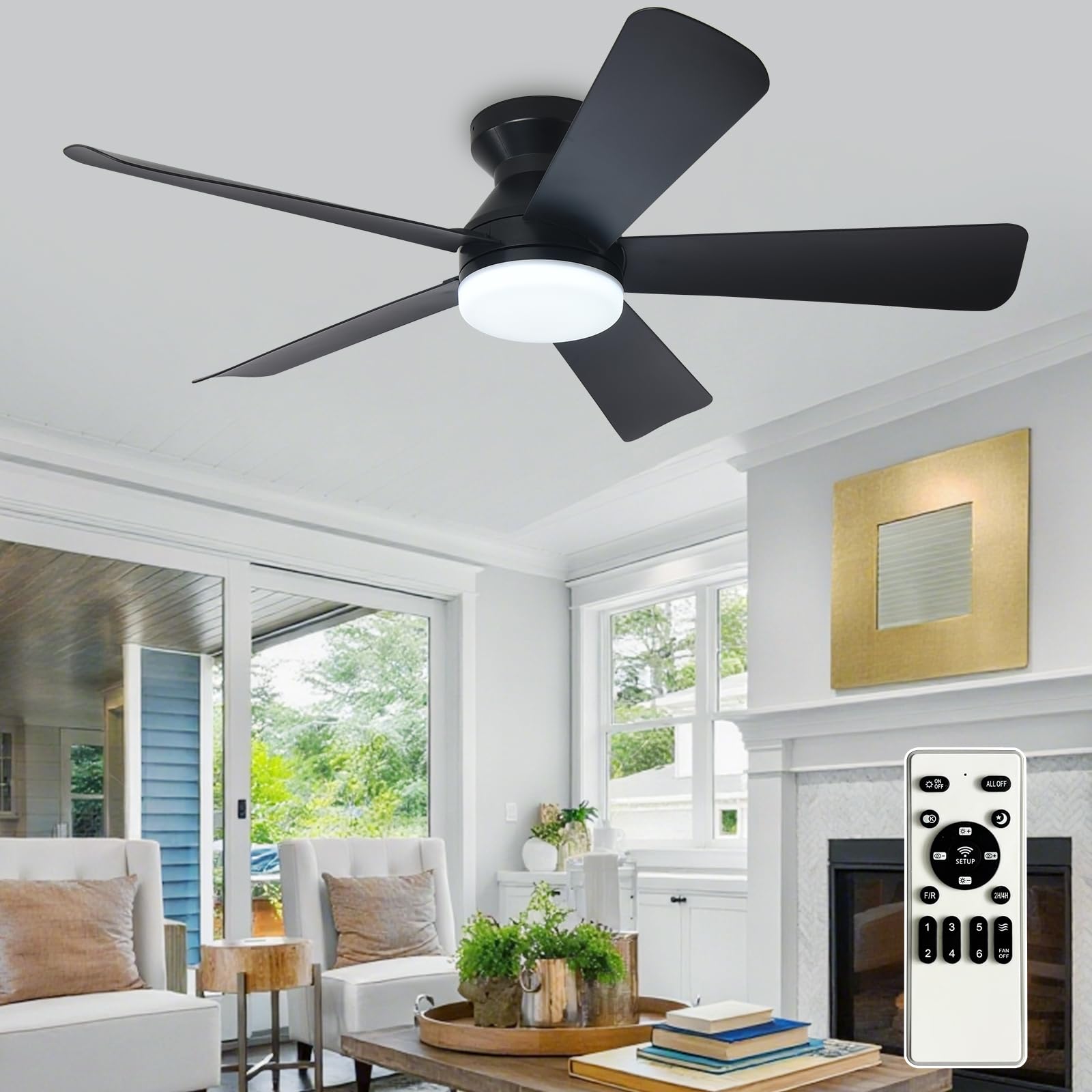 Depuley 42-inch ceiling fan with light remote in black for indoor and outdoor use.