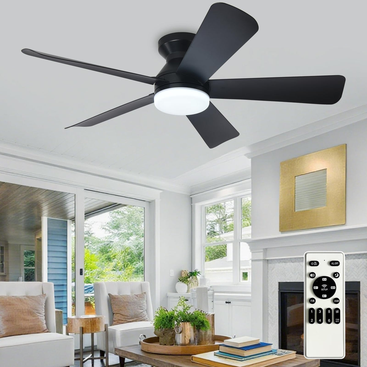 Depuley 42-inch ceiling fan with light remote in black for indoor and outdoor use.