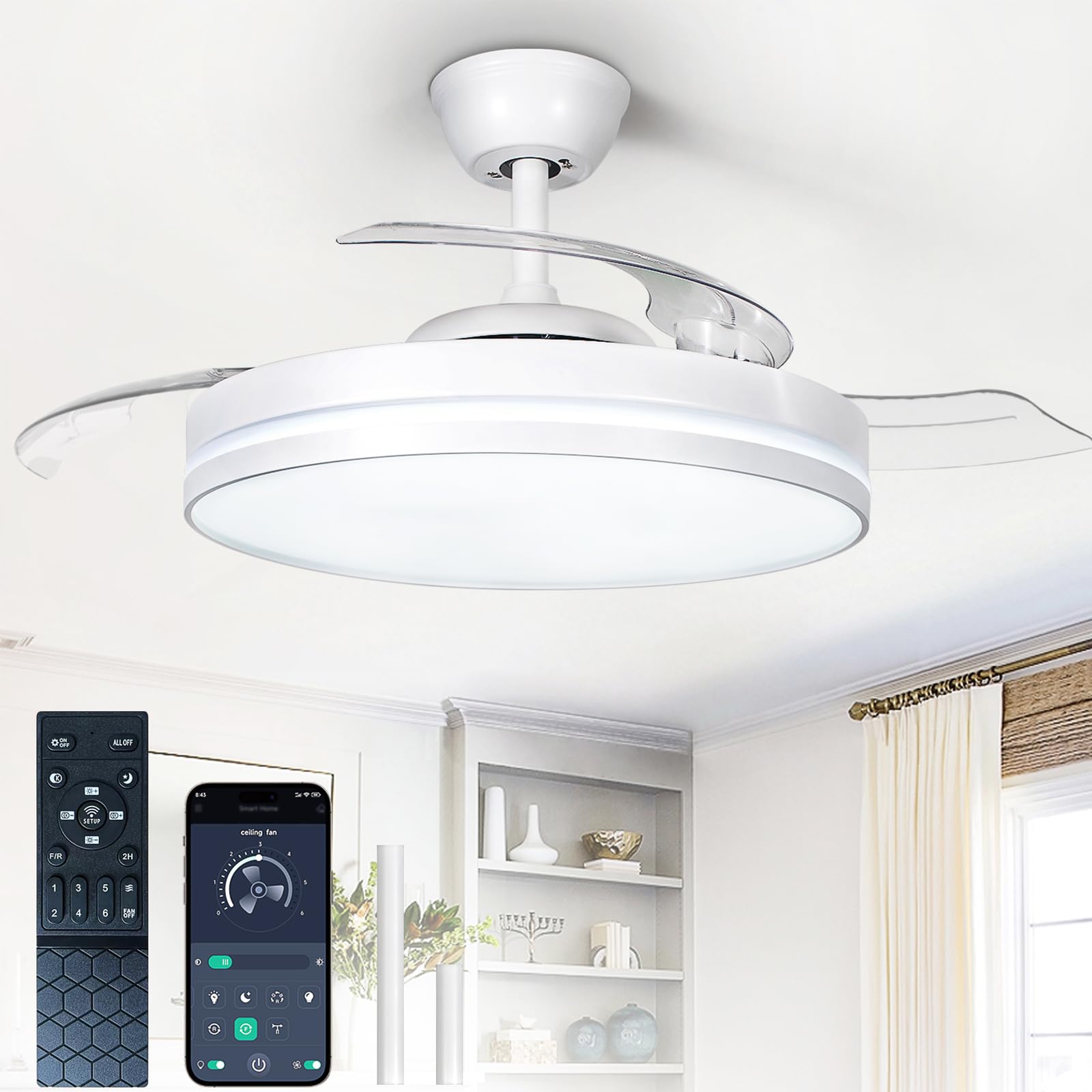 Depuley 42-inch retractable fandelier blades in action for compact spaces.